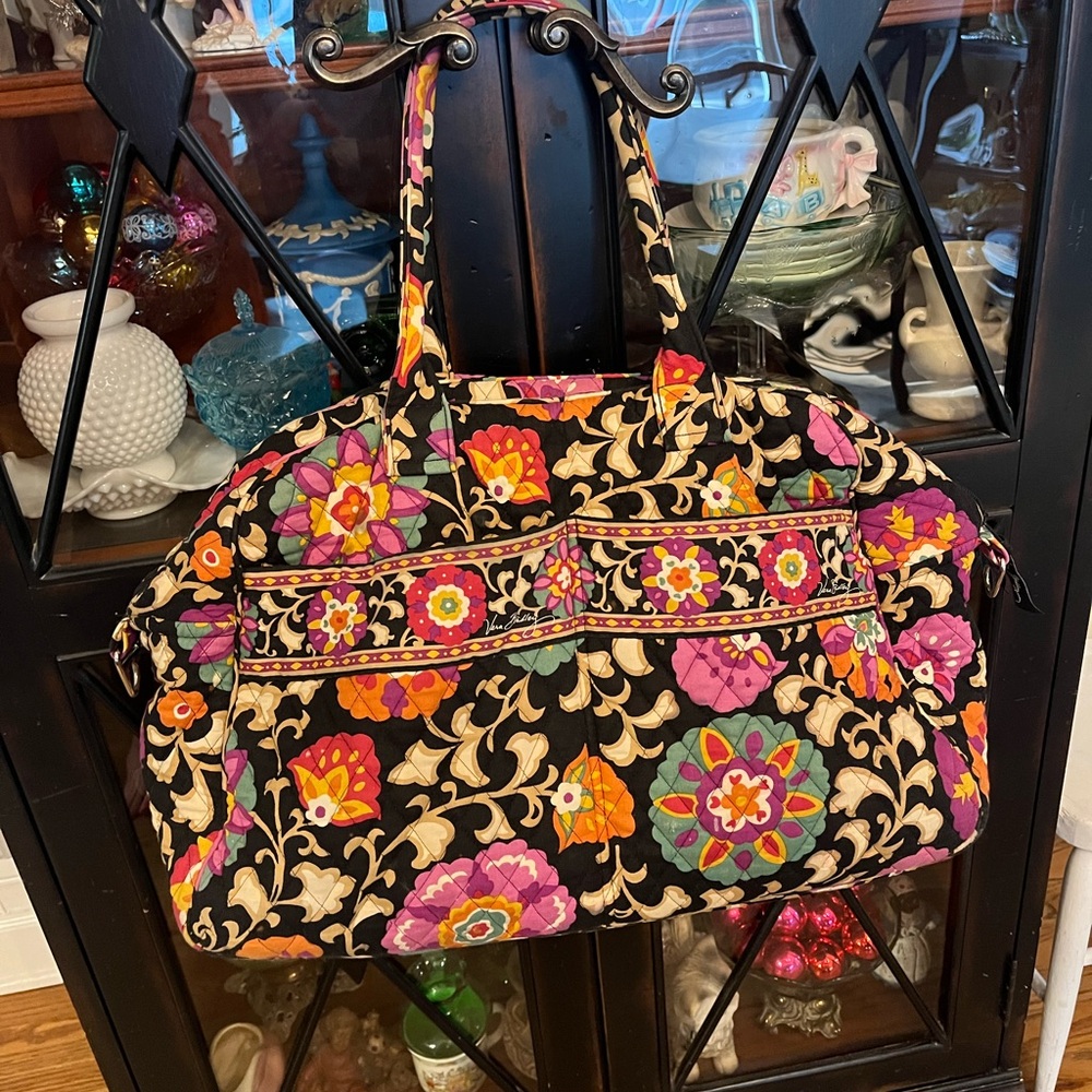 Vera Bradley Black Quilted Floral Travel Bag with Pink & Orange Accents